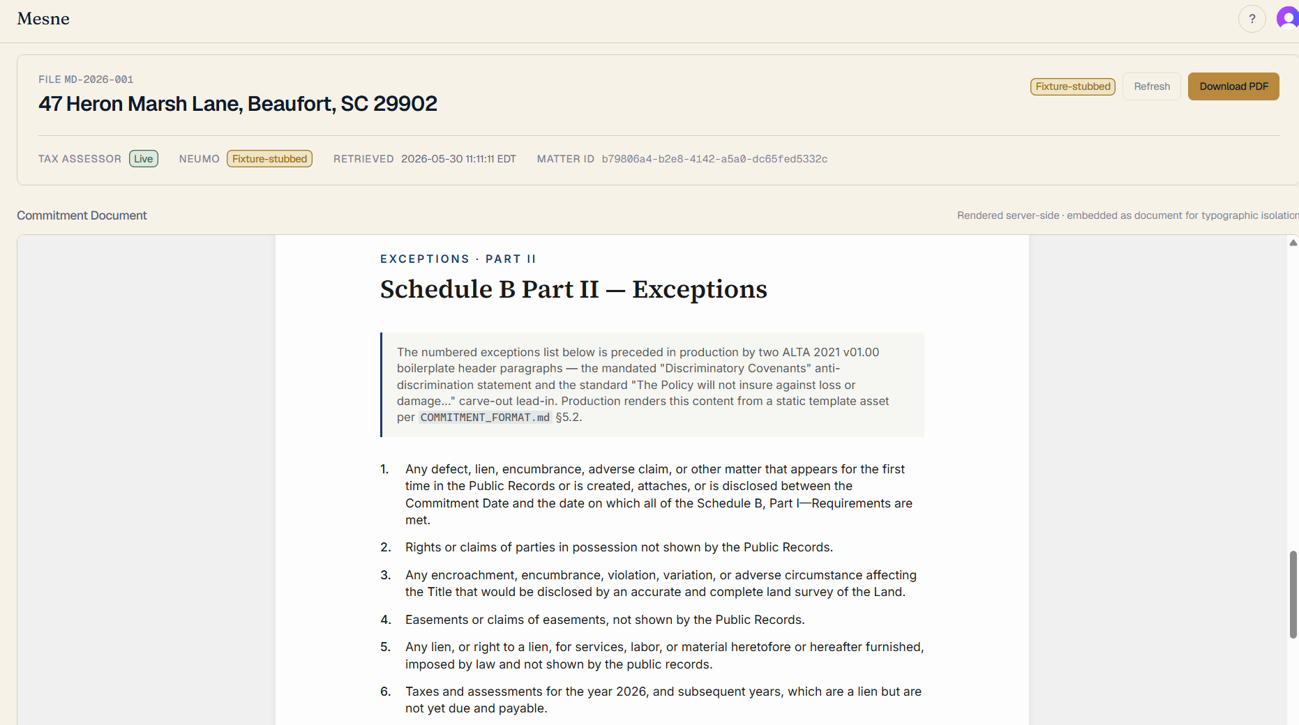 Mesne composed title commitment, Schedule B-II exceptions